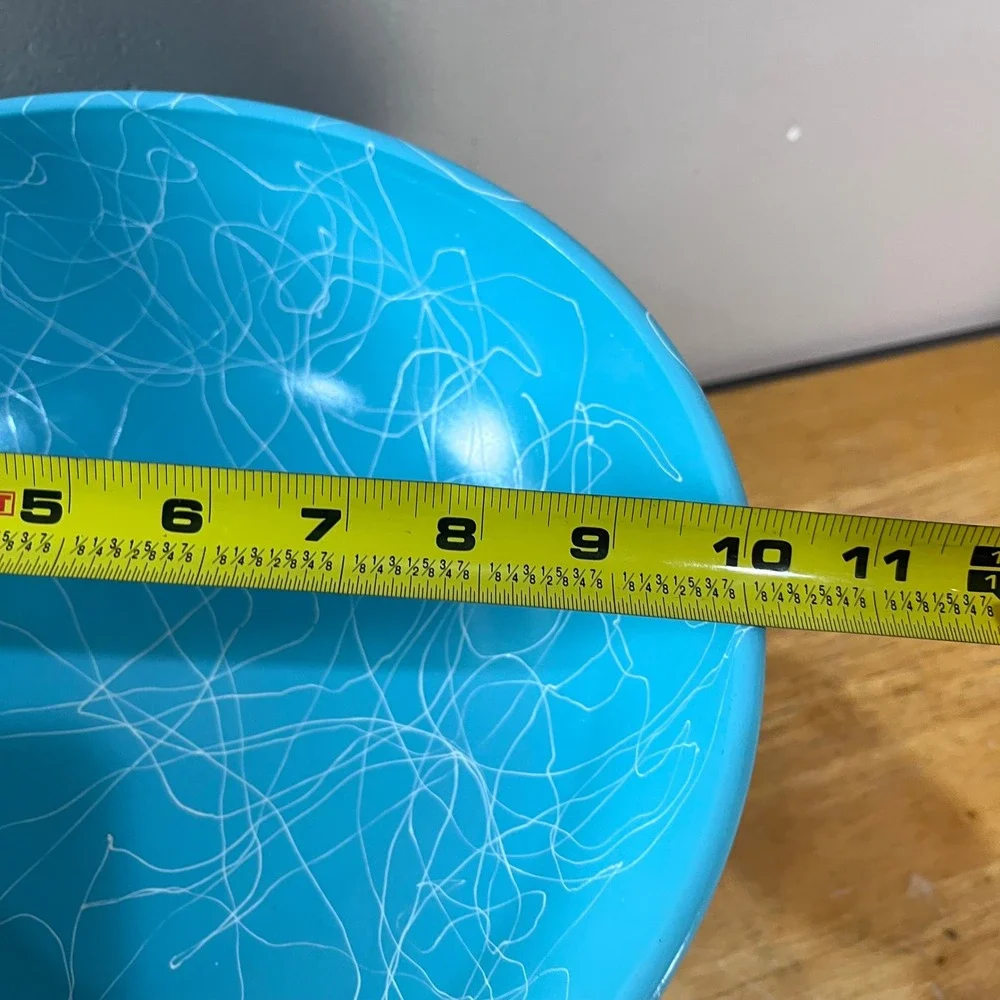 Vtg Hazel Atlas Turquoise Spaghetti Drizzle Milk Glass Mixing Bowl 10